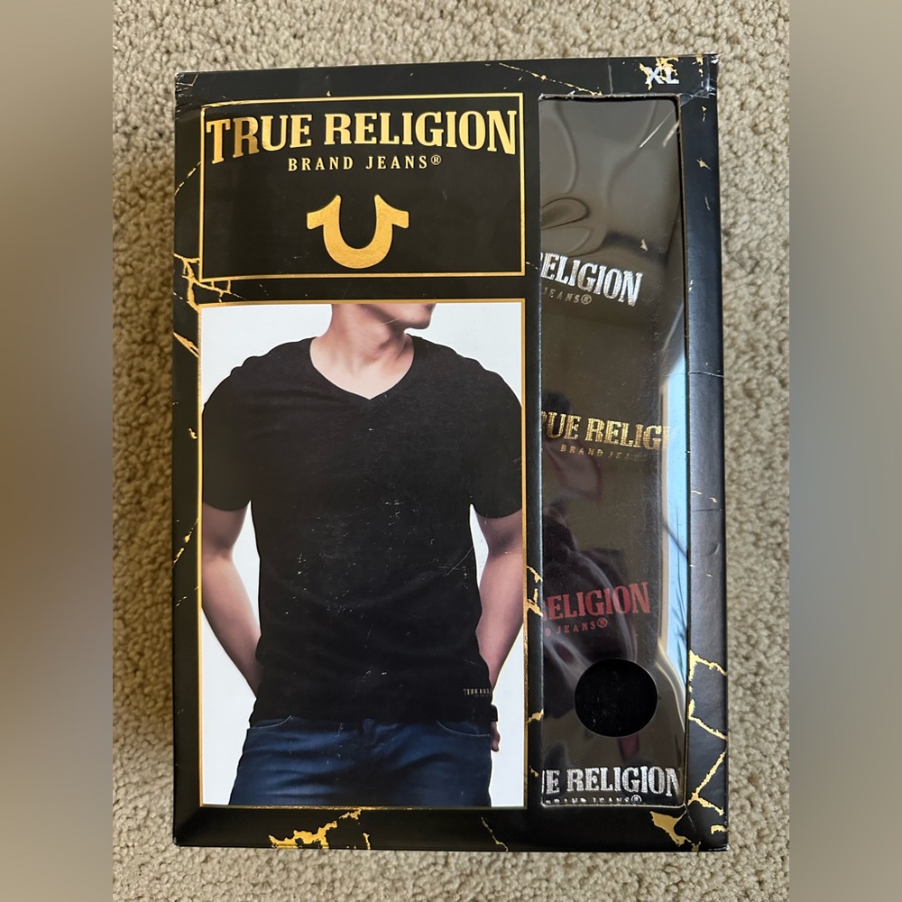 True Religion Men’s V Neck T-Shirts 4-Pack XL Black Short Sleeve Designer NWT